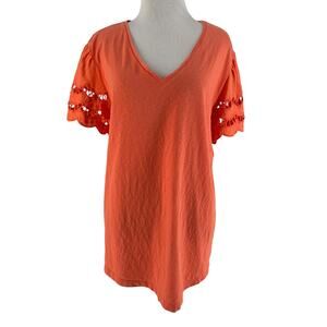 Chico's Women's Orange Eyelet Short Sleeve V-Neck Blouse Size 2 Large